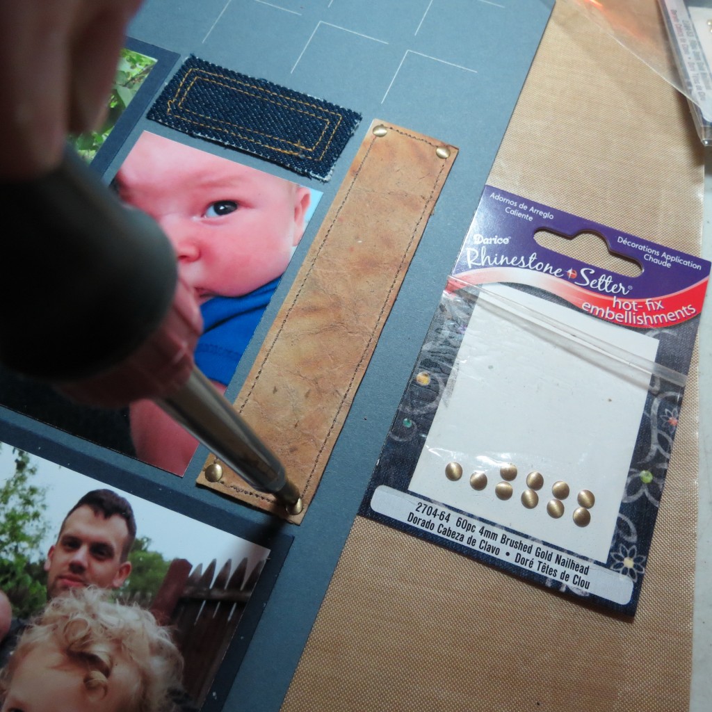 Masculine Scrapbook Page Ideas Tip #3: Nail heads and metal brads are the bling for your guy pages!