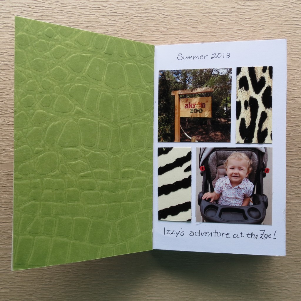 Opening page with green patterned paper lining the the cover adds color and strength to booklet. 