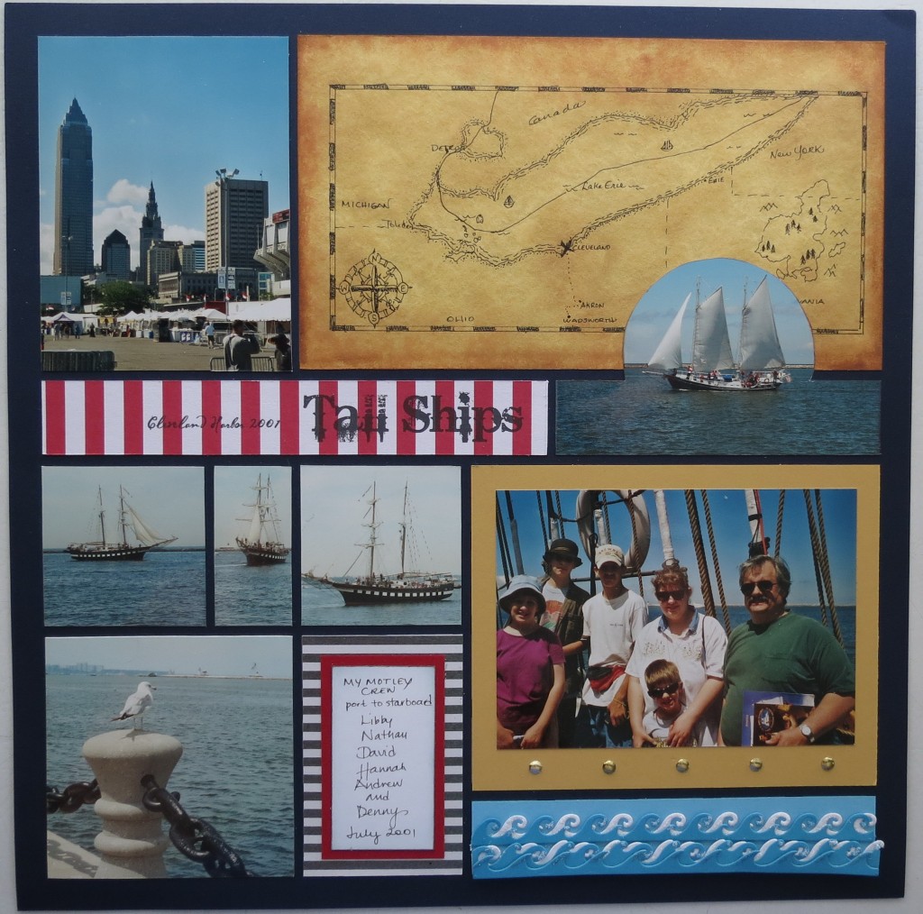 Scrapbook Pages Inspired by Treasure Island: fonts, stripes, map, "X" marks the spot, ocean waves, glitter, nautical directions, gold brads, colors: red, white, navy, caramel. 