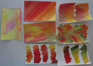 samples of watercolor sheets. First sheet is traditional water colors the remaining six are Twinkling H2O's watercolors.