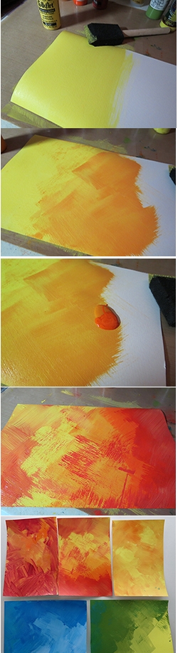 The stages of painting the paper for the tiles used in the layout.