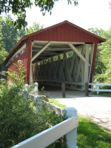 Fall Photo Tips: Include photos from three views: Nearby. A covered bridge is always interesting to include in your layout. 
