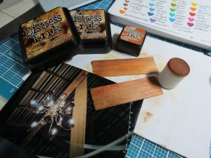 Wedding Scrapbook Tips. Inking the wood tiles, trying for a match to the beams and rafters of the barn.