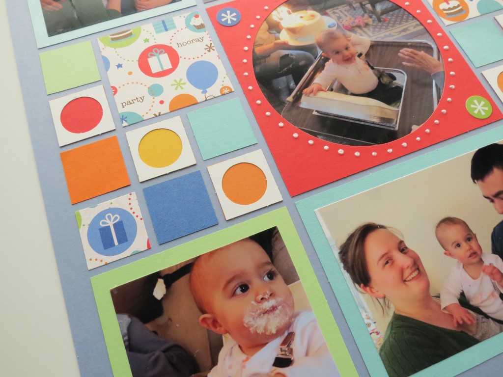 Birthday Scrapbook Pages: small Circle Tiles, Paper Tiles and Inspiration paper tile. Matted photos and fussy cut tiles.