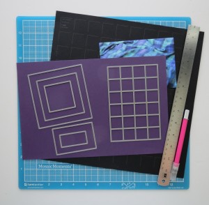 Mini Album Maxi Look Die Sets A, C and 1" grid tiles Craft mat, X-Acto knife, ruler, Grids, Cardstock and photos
