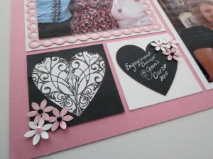 MM Finishing Touches Embellishments rubber stamp images, Heart Tiles, chalkboard journaling and punched flowers with pearls.