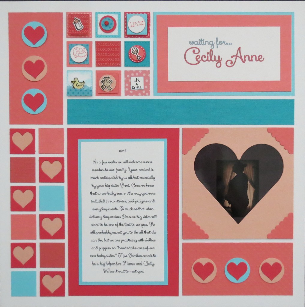 MM TYS Waiting for  Cecily Anne baby layout with Inchies and matching card. Using Mosaic Moments 1" heart frame tile and scallop corner tiles 