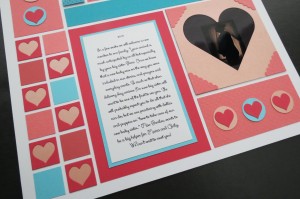 MM TYS journaling block with the story. 1" heart frames and Square Heart frame with scallop corner tiles