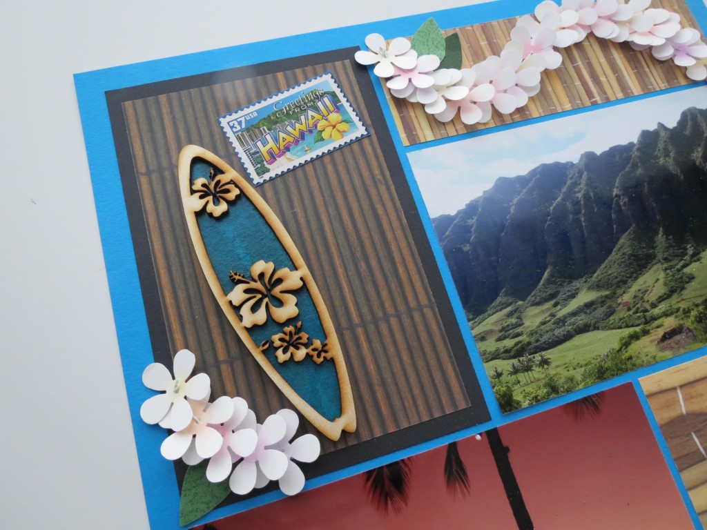 MM Hawaiian Escape surfboard, postage stamp embellishments