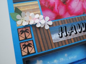 MM Hawaiian Escape palm tree 1" cornerstone tiles with sunset photo punched 1" squares backdrop. 