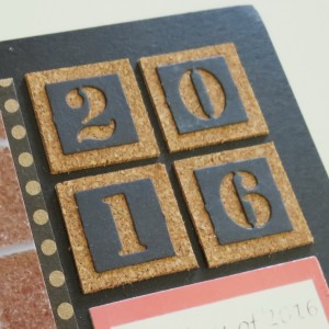 MM OTW Scrapbook Trends: Fiber this date block in cork with MM Number tiles altered