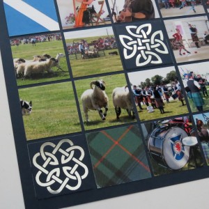Mosaic Moments Celtic Knots Cornerstone Die Set Navy on silver Tartan paper tiles and Sheep Dog Trials photos 