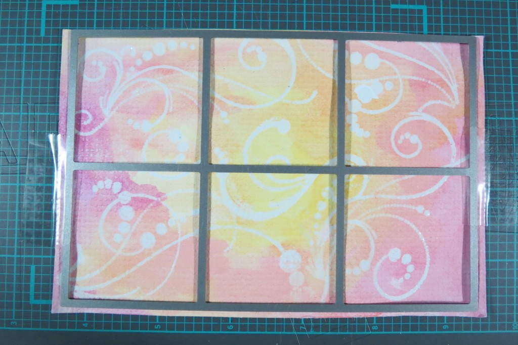 MM Water Color applied over the heat set embossed images (3) and cut with 1.875" grid squares die